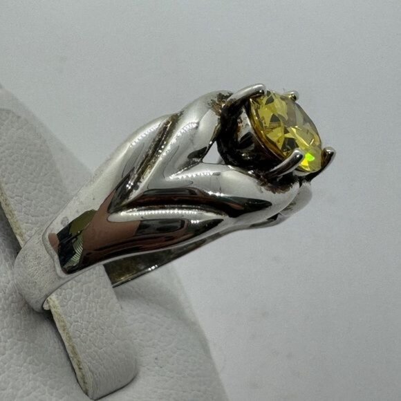 Sterling Silver Diamonique Oval Yellow CZ Ring size 8 Ribbed Sides .925 Vintage - Picture 6 of 10